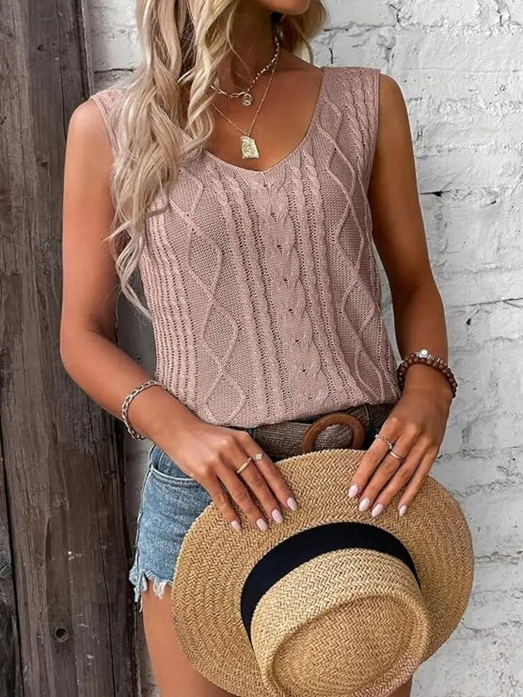 Women's Ribbed Knitted V-Neck Vest: Slim Fit Sleeveless Camisole for Casual Summer Style