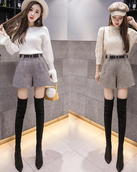 Fashion tweed woolen shorts women 2020 autumn winter high waist belted elegant shorts all-match ladies slim plaid short feminino