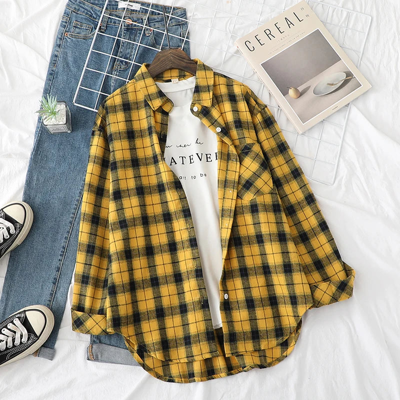 Women Casual  Flannel Plaid Shirt with Loose Long Sleeve