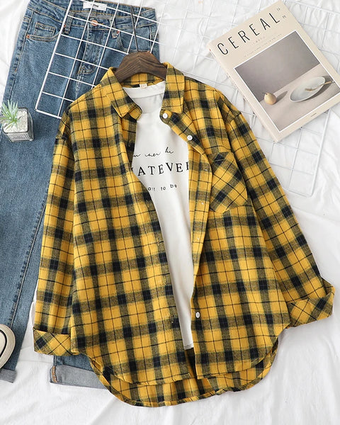 Women Casual  Flannel Plaid Shirt with Loose Long Sleeve