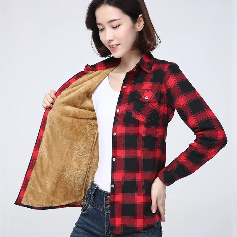 Winter  Women's Warm Plaid Shirt Coat Casual Fleece Velvet Plus Thicke Tops Brand College Style Woman Clothes Outerwear