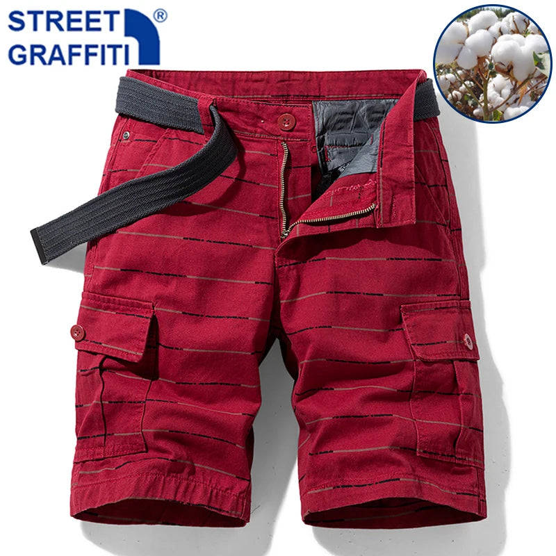 Men's Stripe Cotton Cargo Shorts: Casual Camouflage Bermuda Beach Pants