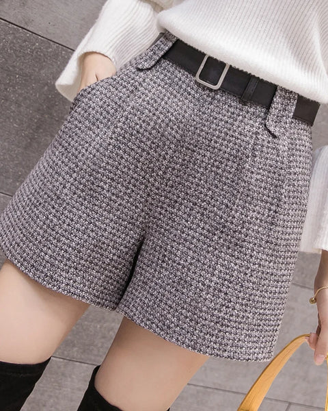 Fashion tweed woolen shorts women 2020 autumn winter high waist belted elegant shorts all-match ladies slim plaid short feminino