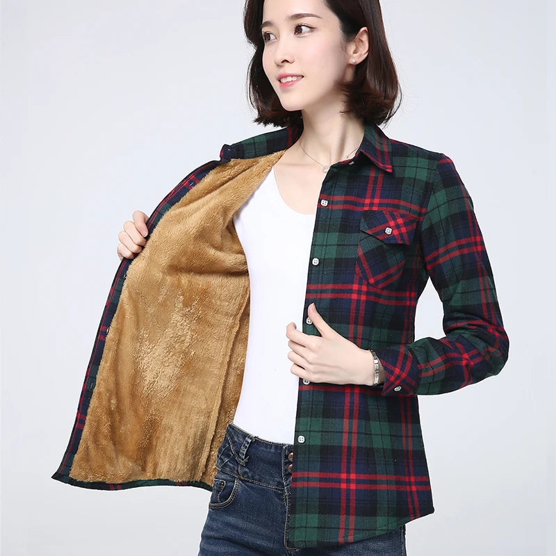 Winter  Women's Warm Plaid Shirt Coat Casual Fleece Velvet Plus Thicke Tops Brand College Style Woman Clothes Outerwear