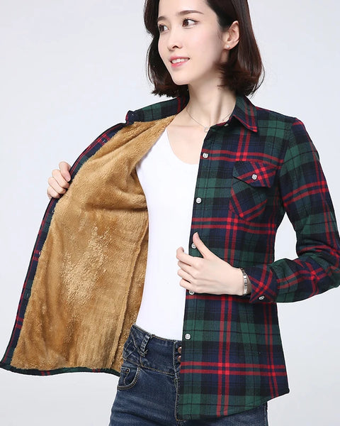 Winter  Women's Warm Plaid Shirt Coat Casual Fleece Velvet Plus Thicke Tops Brand College Style Woman Clothes Outerwear