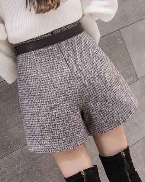 Fashion tweed woolen shorts women 2020 autumn winter high waist belted elegant shorts all-match ladies slim plaid short feminino