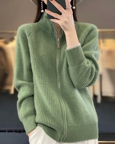 100% Pure Wool Zipper Cardigan Padded Shoulder Stand Collar Women's Cashmere Knitted Coat New Lapel Sweater