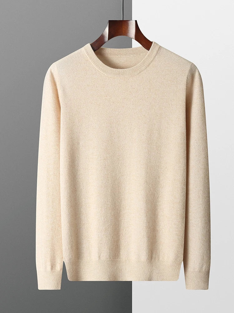 Men's 100% Pure Merino Wool Round Neck Pullover: Versatile Thin Solid Color Sweater for Autumn/Winter