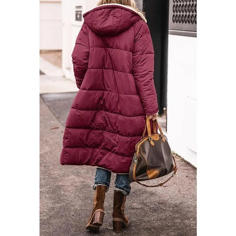 Women's Winter Warm Coat Windbreaker Lightweight Hooded Reversible Sherpa Fleece Trench  Puffer Jacket