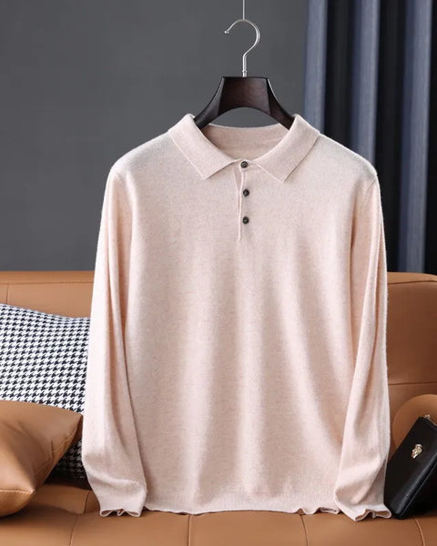 Men's Oversized Cashmere Knitted Lapel T-Shirt: Long Sleeve Polo in Solid Colors - Trendy Leisurewear