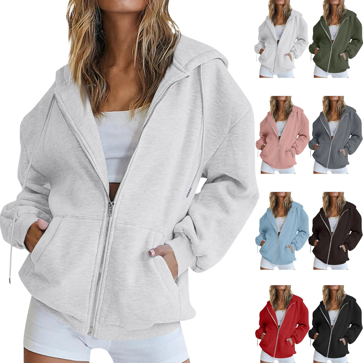 \Women New Zipper Loose Hoodies Fashion Long Sleeve Hooded Sweatshirt Hot Sale Casual Autumn Winter Sportwear Solid Clothes