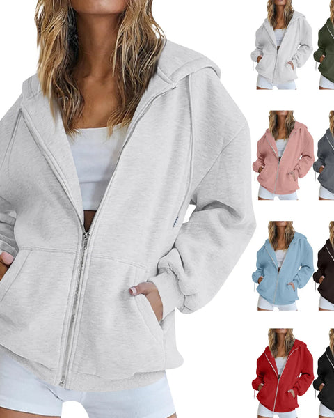 \Women New Zipper Loose Hoodies Fashion Long Sleeve Hooded Sweatshirt Hot Sale Casual Autumn Winter Sportwear Solid Clothes