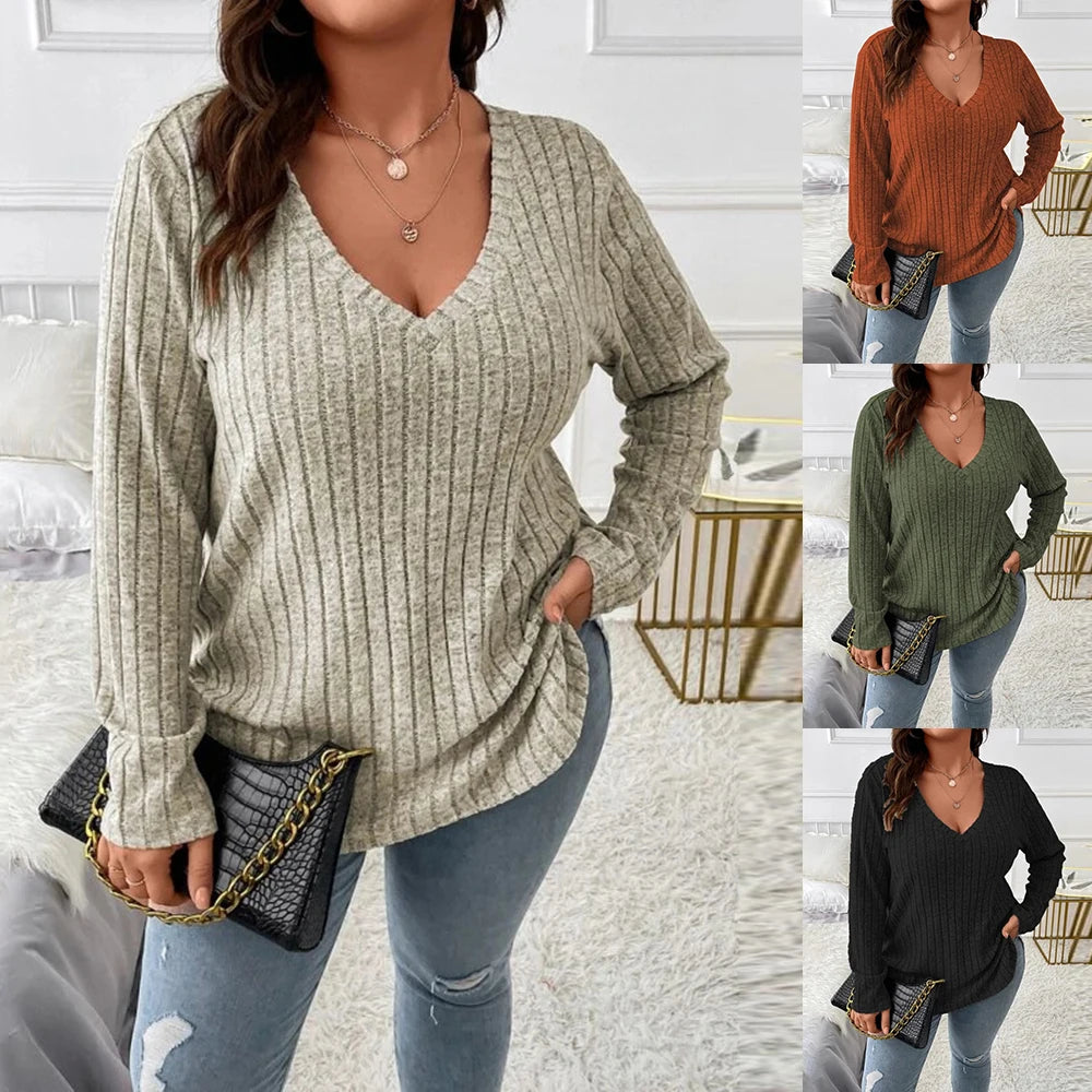 Women's Long Sleeve V Neck Solid Knit Pullover Tops