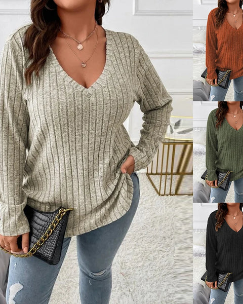 Women's Long Sleeve V Neck Solid Knit Pullover Tops