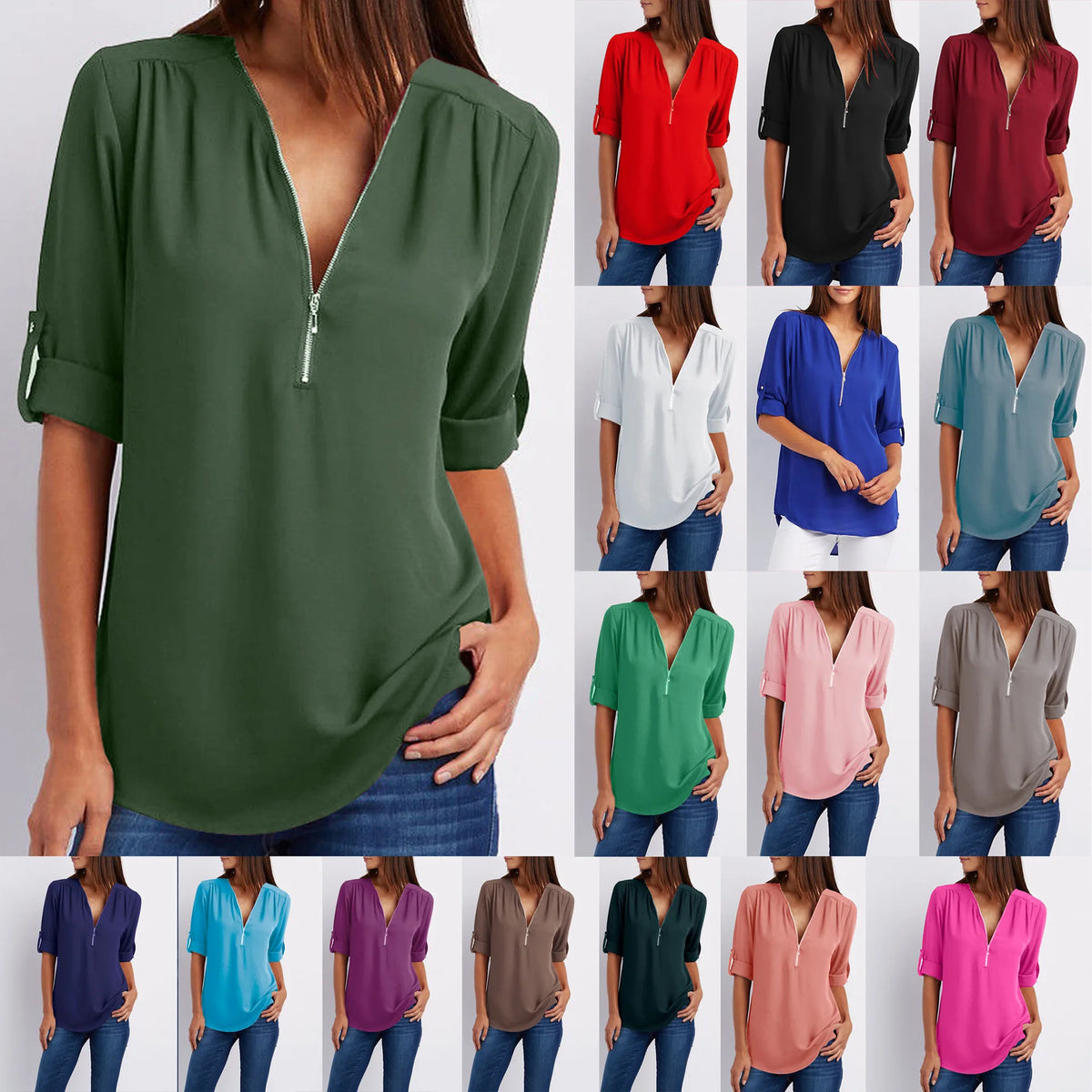 V-Neck Chiffon Blouse for Women  Casual Loose Fit Zipper Pullover Top