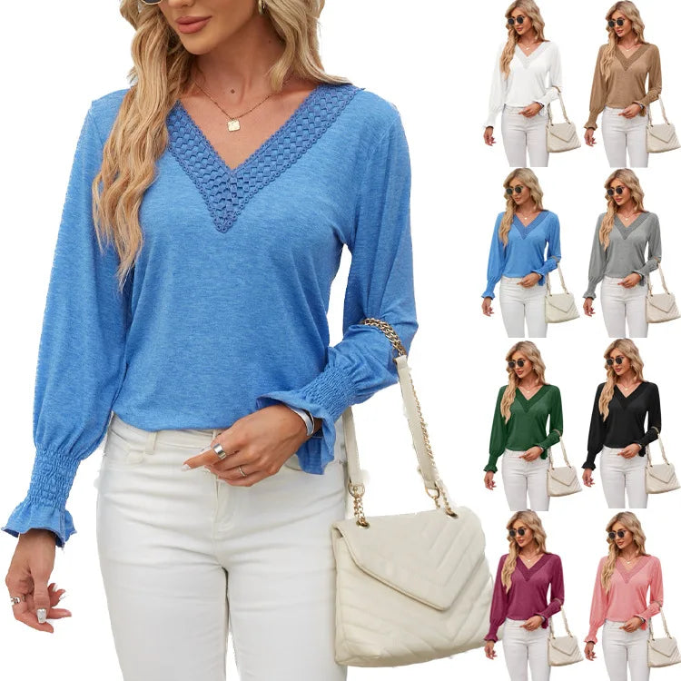 Women's Long Sleeve T-shirt Solid V-neck Patchwork