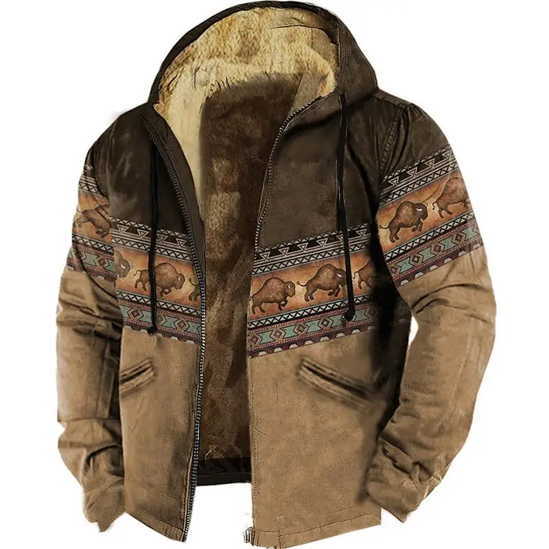 Men's Vintage  Bison Print Zipper Hoodie: Casual Winter Sweatshirt & Jacket