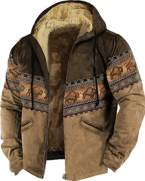 Men's Vintage  Bison Print Zipper Hoodie: Casual Winter Sweatshirt & Jacket