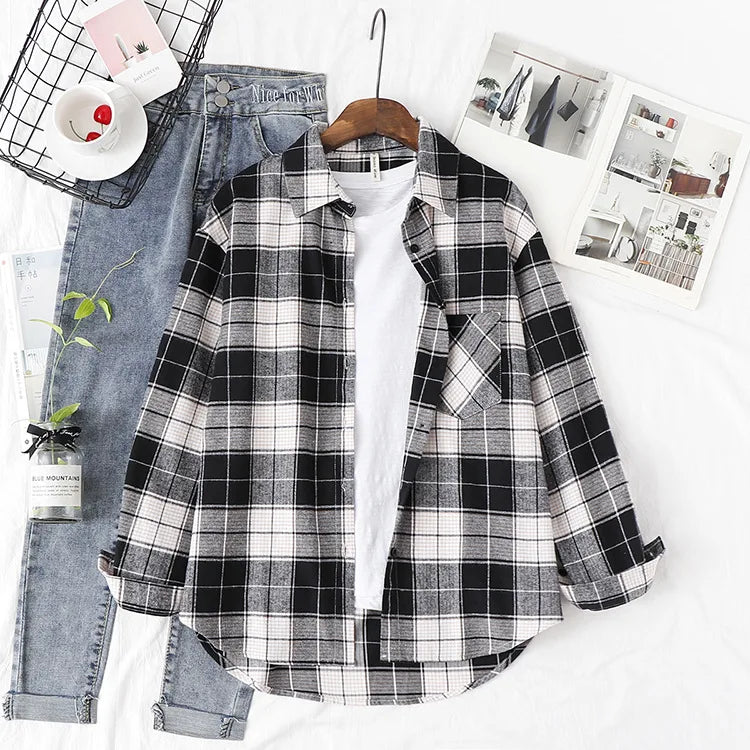 Women Casual  Flannel Plaid Shirt with Loose Long Sleeve