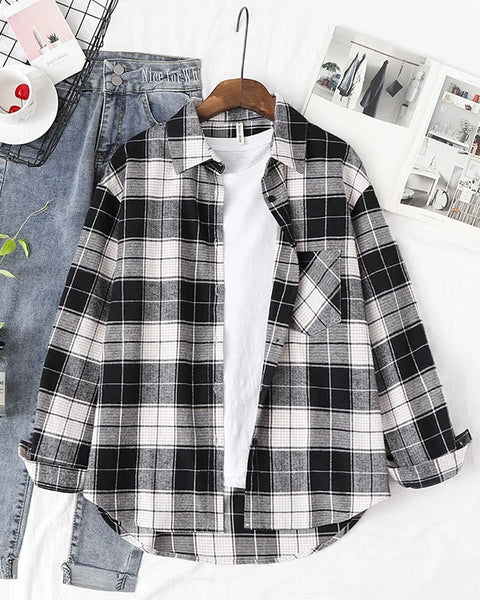 Women Casual  Flannel Plaid Shirt with Loose Long Sleeve