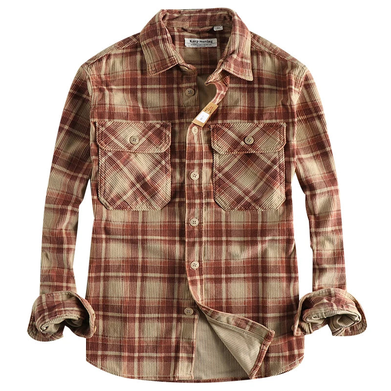 Men's Plaid Woven Corduroy Shirt: 100% Cotton Heavy Washed Workwear Blouse for Spring/Autumn - Retro Amekaji Western Style