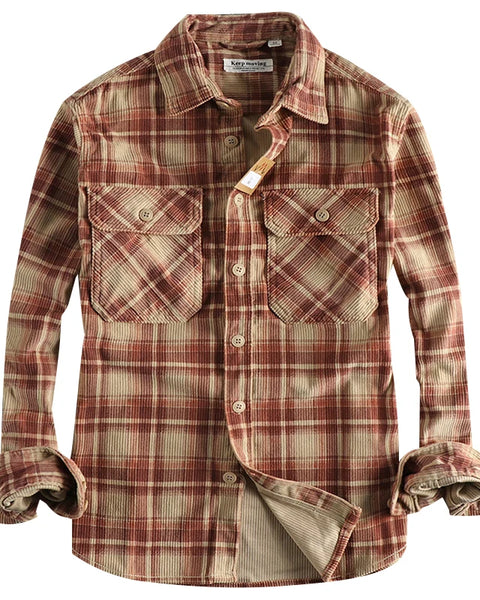 Men's Plaid Woven Corduroy Shirt: 100% Cotton Heavy Washed Workwear Blouse for Spring/Autumn - Retro Amekaji Western Style