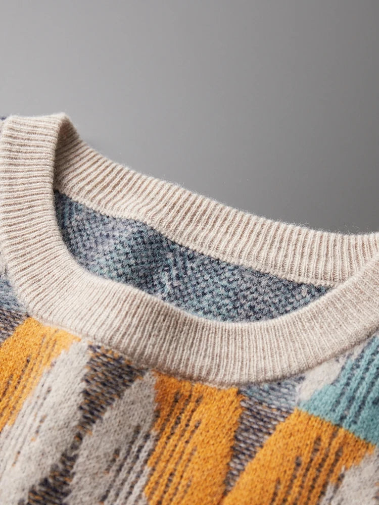 Men's 100% Merino Wool O-Neck Pullover: Vintage Jacquard Cashmere Sweater for Autumn/Winter