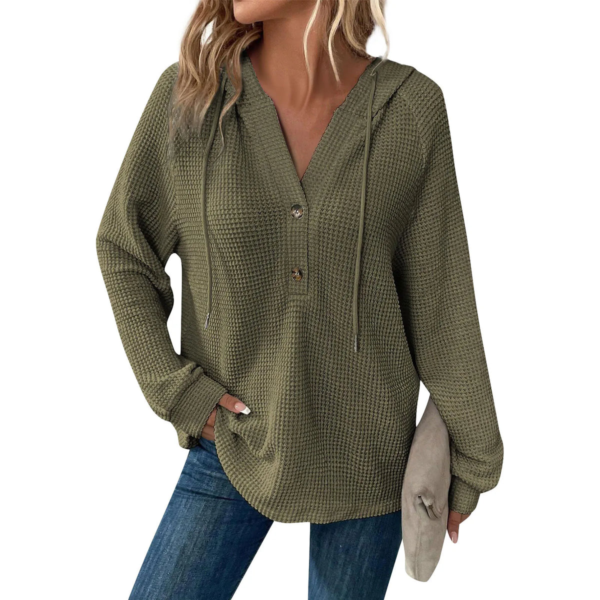 Stylish Women's Waffle Knit Hoodie Long Sleeve Drawstring V-Neck Casual Sweatshirt for Fall