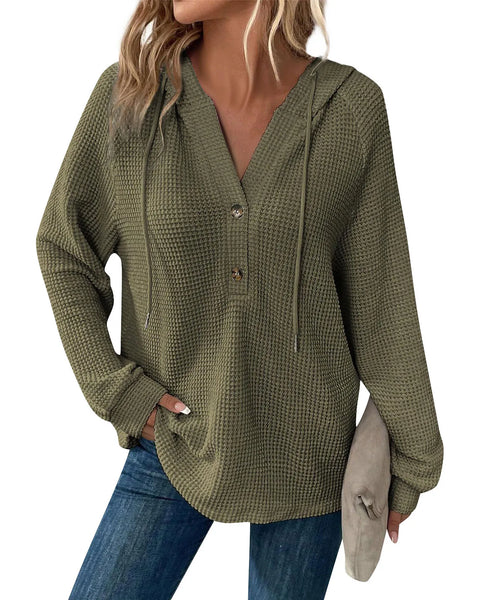 Stylish Women's Waffle Knit Hoodie Long Sleeve Drawstring V-Neck Casual Sweatshirt for Fall