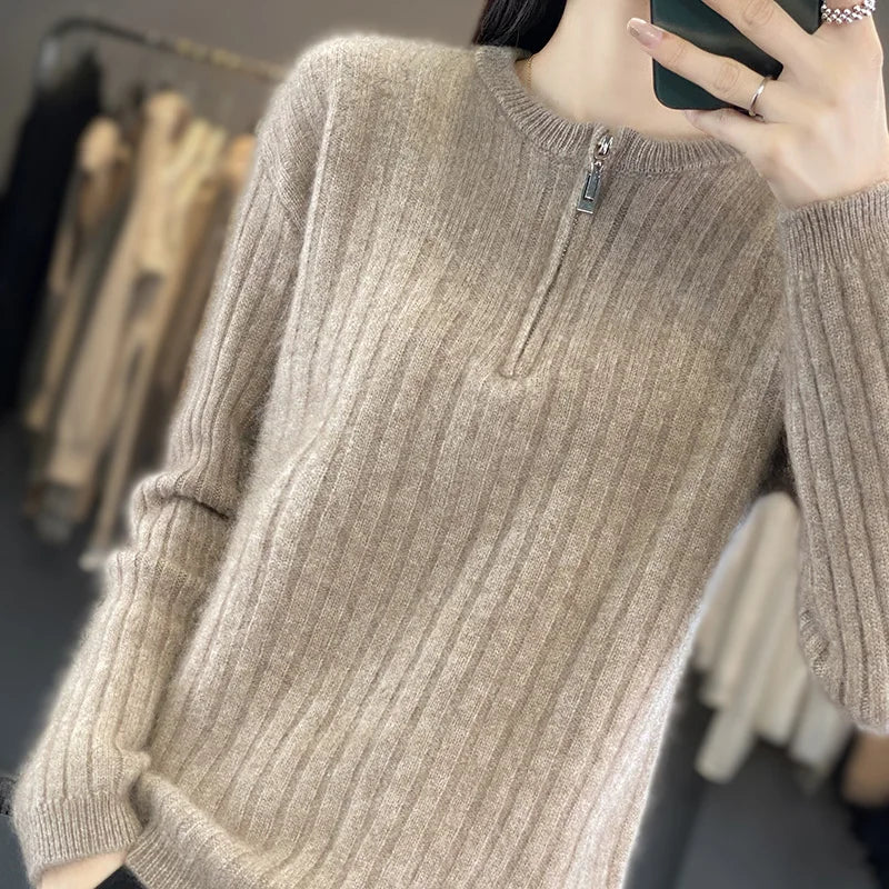 Fashion Solid Zipper Round Collar Sweater For Women 100% Wool  Winter New Casual Knitwear Long Sleeve Female Tops