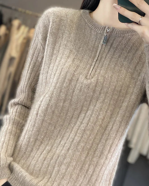 Fashion Solid Zipper Round Collar Sweater For Women 100% Wool  Winter New Casual Knitwear Long Sleeve Female Tops