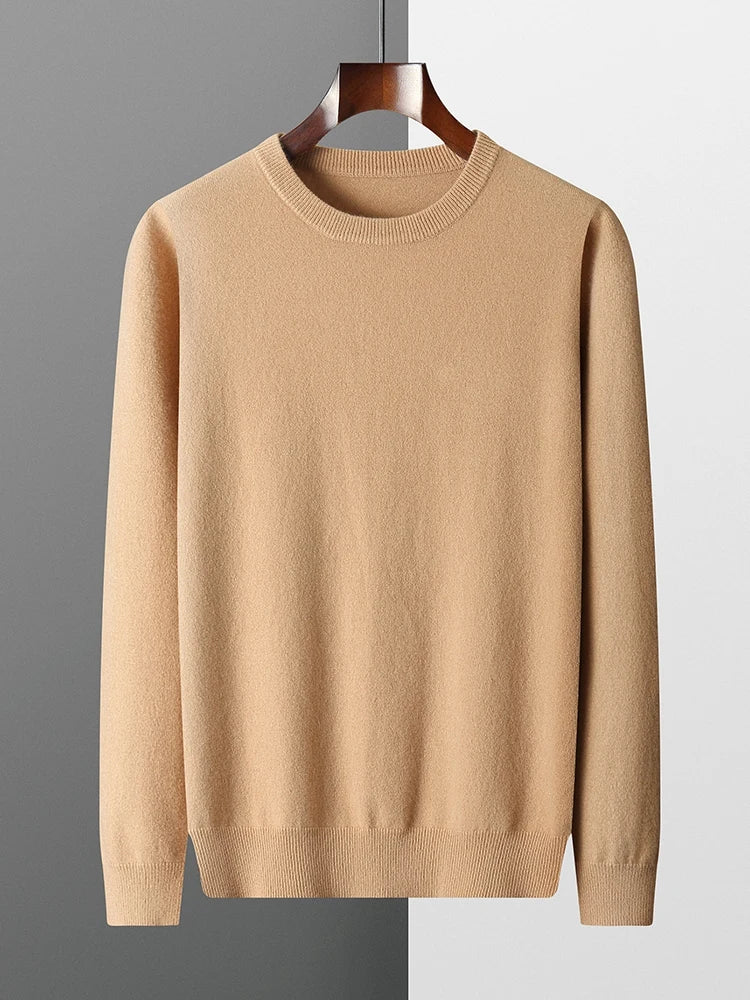 Men's 100% Pure Merino Wool Round Neck Pullover: Versatile Thin Solid Color Sweater for Autumn/Winter