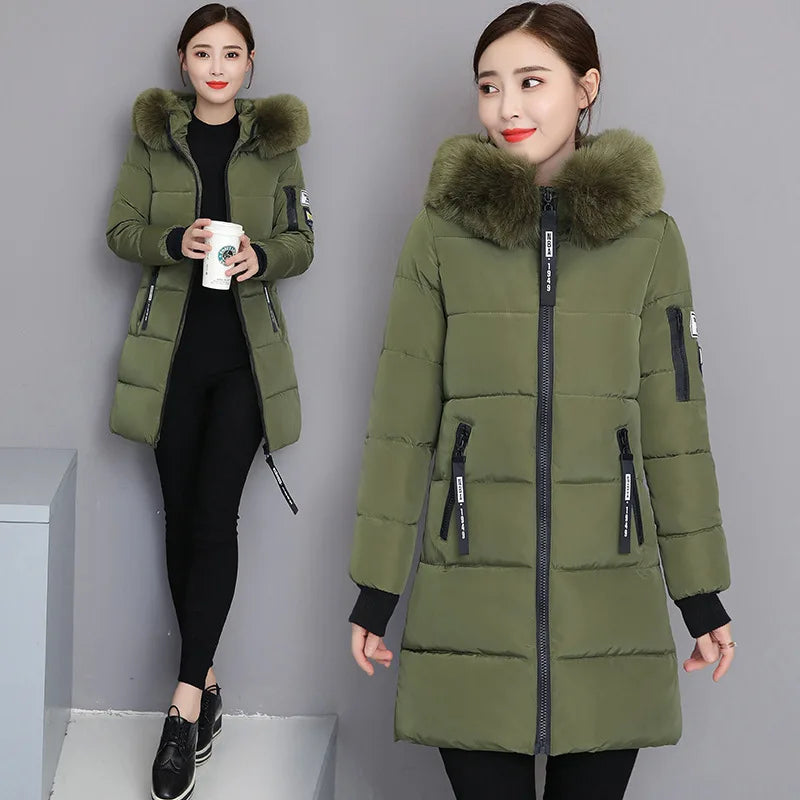 Women's High-Quality Hooded Parka Thick Cotton Padded Winter Coat with Fur Collar