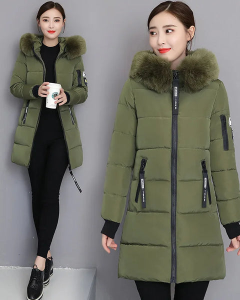 Women's High-Quality Hooded Parka Thick Cotton Padded Winter Coat with Fur Collar