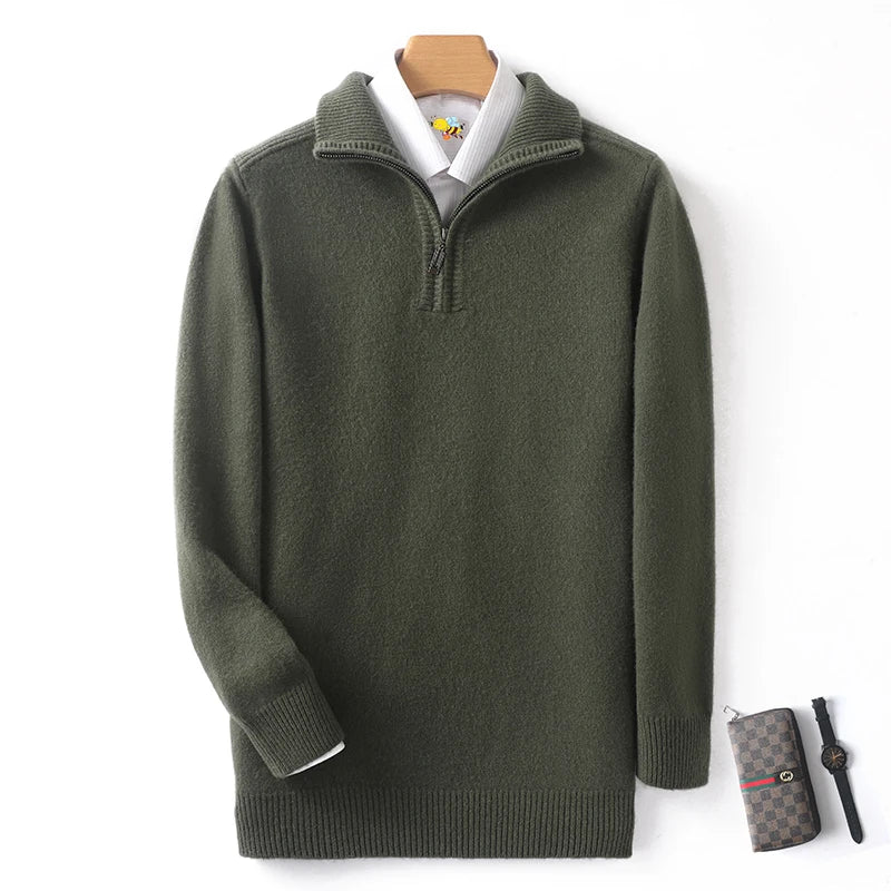 Men's 100% Merino Wool Half Zip Sweater: Thickened Warm Casual Knit for Winter