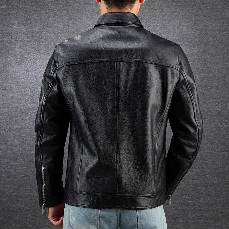 Genuine Leather jacket. Winter casual black Men cowhide Clothes. Quality plus size leather coat.