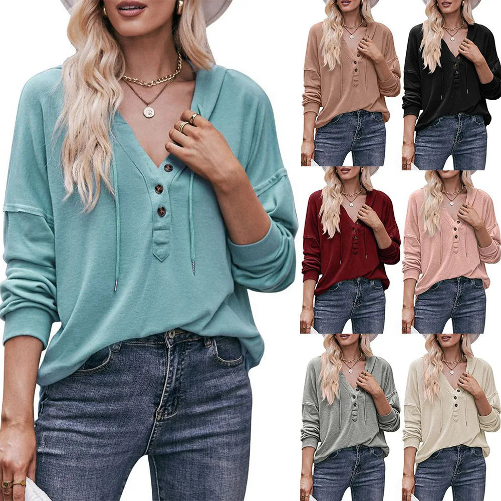 Chic V-Button Solid Color Hoodies Stylish Spring & Autumn Pullovers for Women