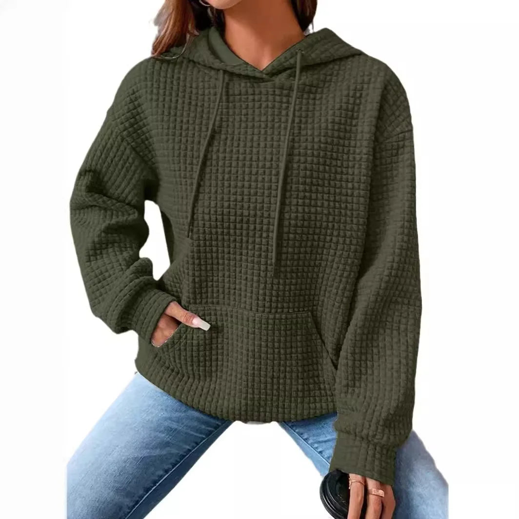 Chic Women's Waffle Hoodie: Spring & Autumn Solid Color Loose Sweatshirt with Drawstring