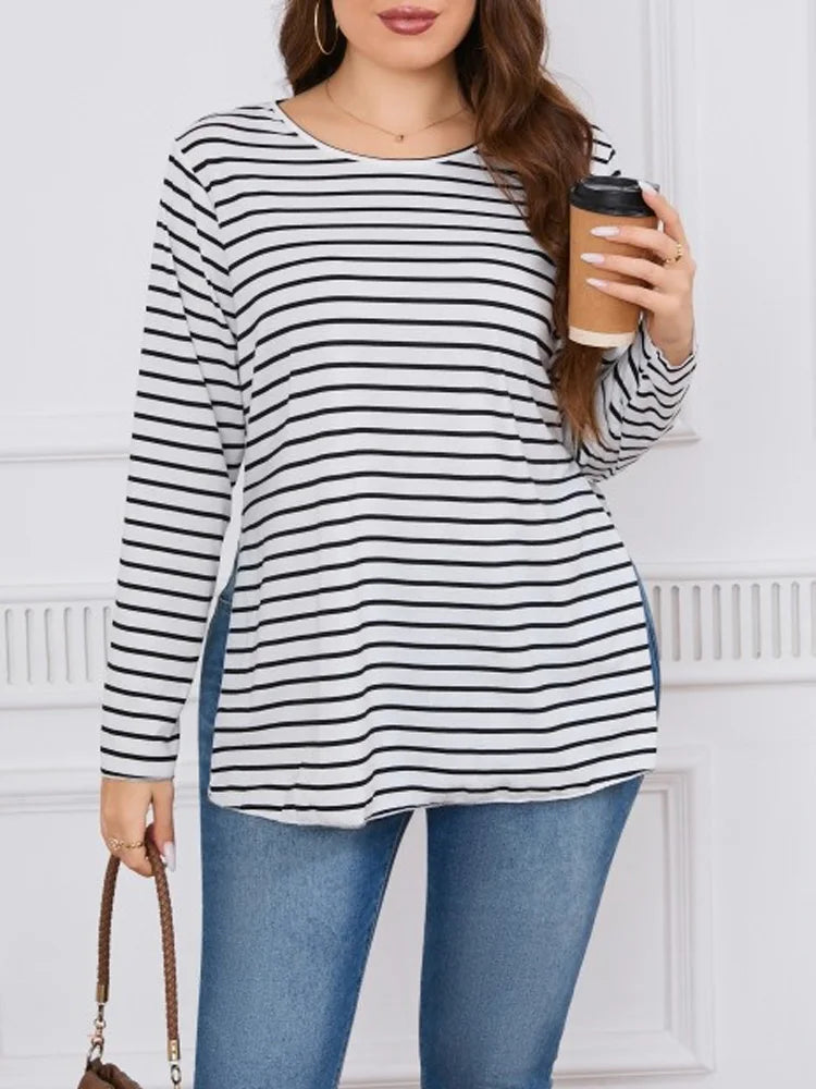 Striped Split O-Neck Long T Shirt