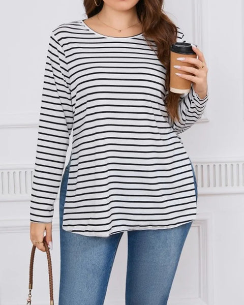 Striped Split O-Neck Long T Shirt