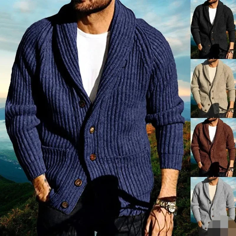 Men's Slim Fit Solid Color Long Sleeve Lapel Knitted Cardigan Sweater Coat for Autumn & Winter