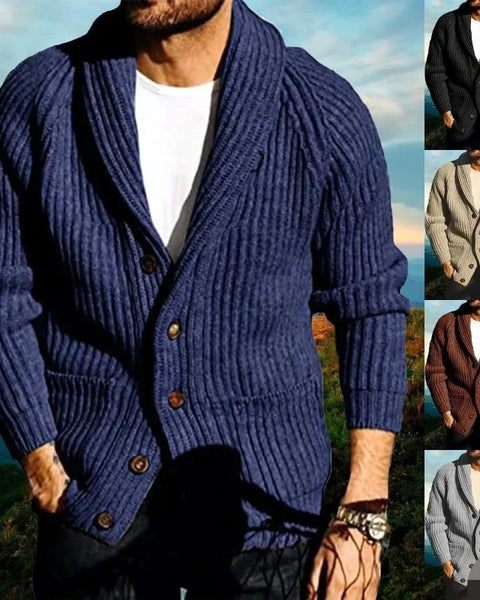 Men's Slim Fit Solid Color Long Sleeve Lapel Knitted Cardigan Sweater Coat for Autumn & Winter