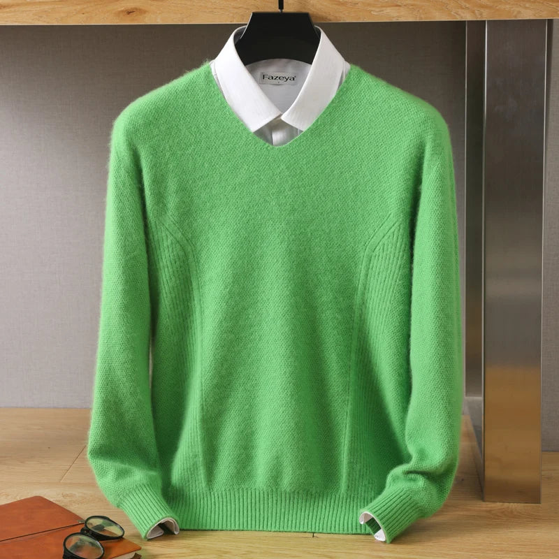 Men's 100% Pure Mink Cashmere V-Neck Sweater: Large Size Knit Pullover for Winter - High-End Long Sleeve Jumper