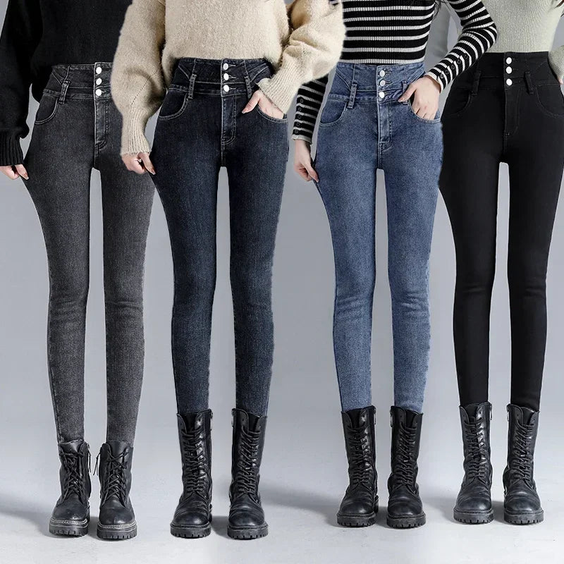 Winter Thick Velvet Women High Waist Skinny Jeans Simple Fleece Warm Slim Fit Stretch  Denim Pencil Pants