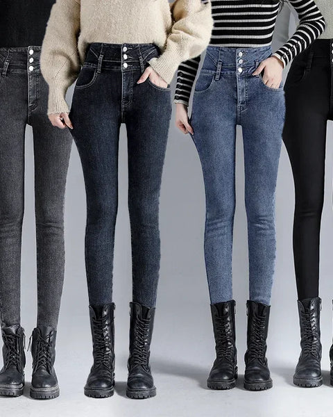 Winter Thick Velvet Women High Waist Skinny Jeans Simple Fleece Warm Slim Fit Stretch  Denim Pencil Pants