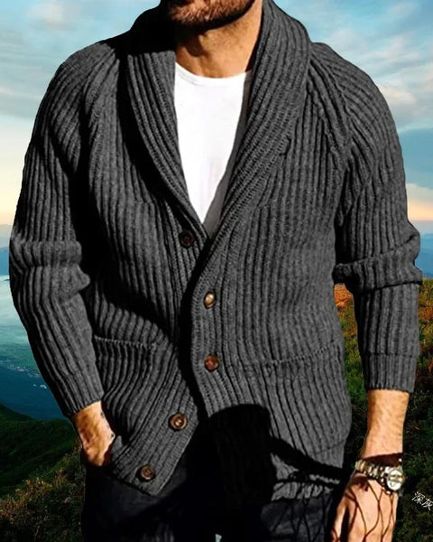 Men's Slim Fit Solid Color Long Sleeve Lapel Knitted Cardigan Sweater Coat for Autumn & Winter