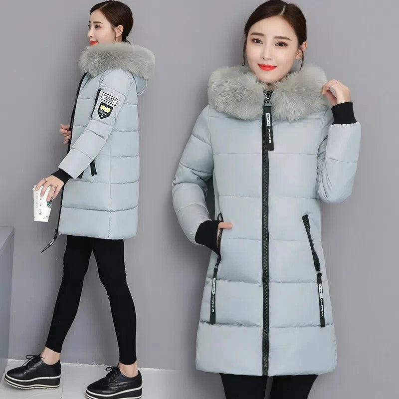 Women's High-Quality Hooded Parka Thick Cotton Padded Winter Coat with Fur Collar