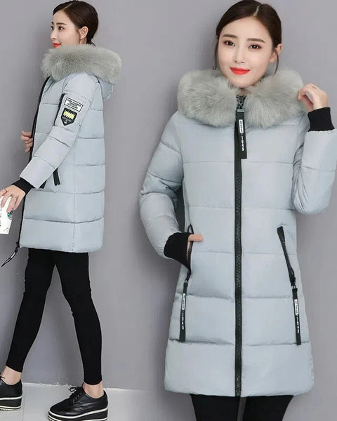 Women's High-Quality Hooded Parka Thick Cotton Padded Winter Coat with Fur Collar