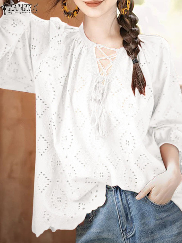 Bohemian Lace Trim Blouses for Women Casual Hollow Out Embroidery Tunic Tops with 3/4 Sleeves