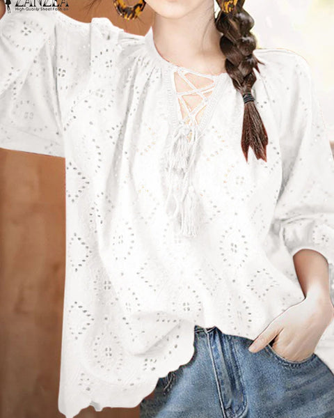 Bohemian Lace Trim Blouses for Women Casual Hollow Out Embroidery Tunic Tops with 3/4 Sleeves